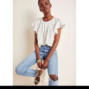 AMADI ANTHROPOLOGIE ARIA SHIMMER BLOUSES RUFFLES SLEEVES POLKA-DOT SIZE SMALL